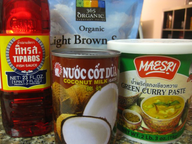 fish sauce, coconut milk, Maesri brand green curry paste