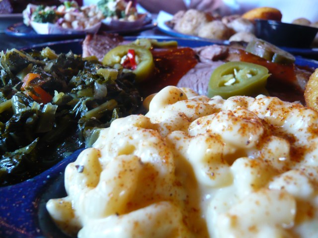 texas brisket plate w/ mac & cheese, simmered greens sides
