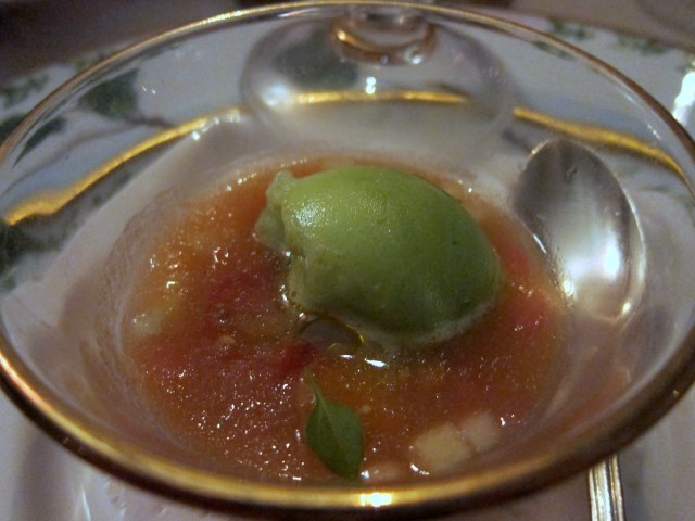 chilled heirloom tomato gazpacho with cucumber sorbet