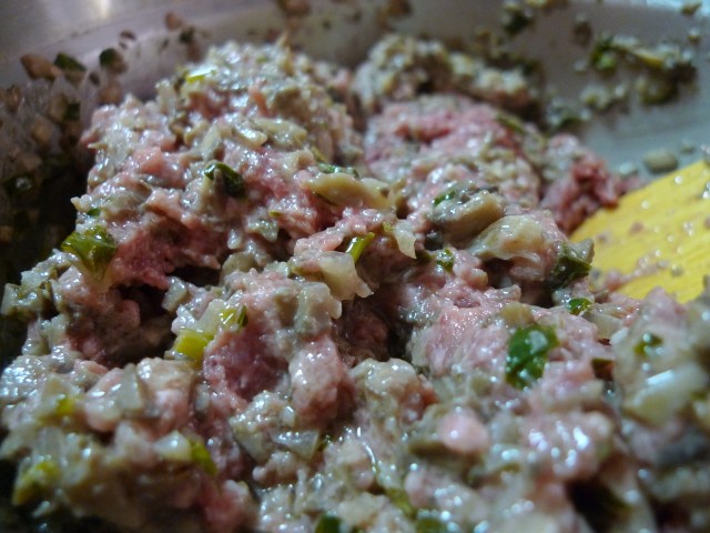 mix the ground meat with the mushroom duxelle