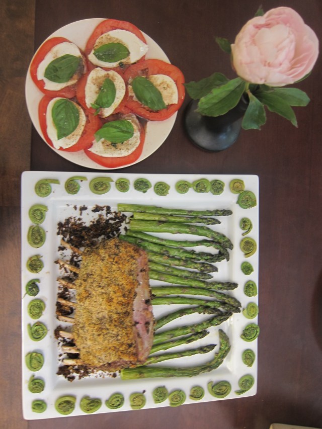 serve with roasted asparagus, fiddlehead ferns, insalata caprese