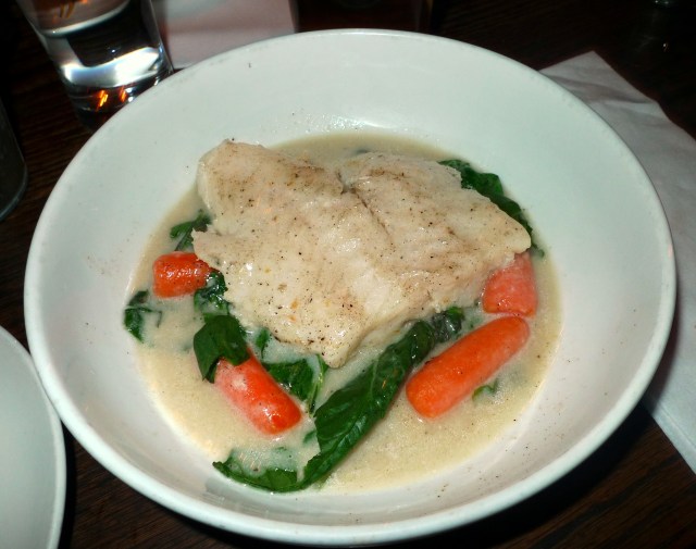 Poached flounder, carrots, spinach, Coconut Cardamon Broth