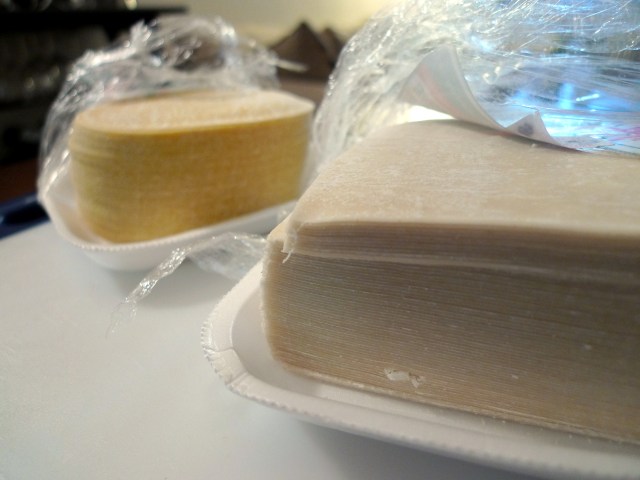 Hong-Kong style (left) vs Shanghai-style (right) wonton wrappers