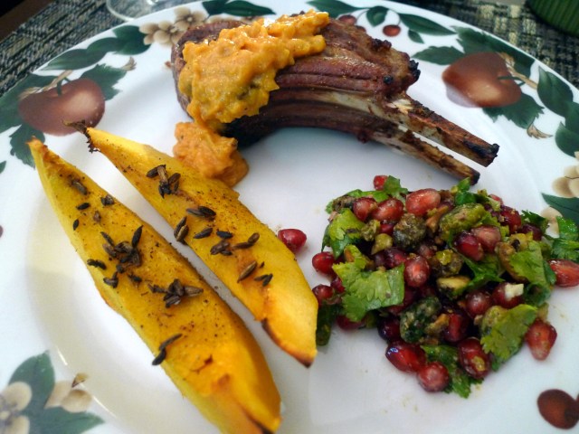 roasted acorn squash, pomengranate relish, papaya marinated lamb