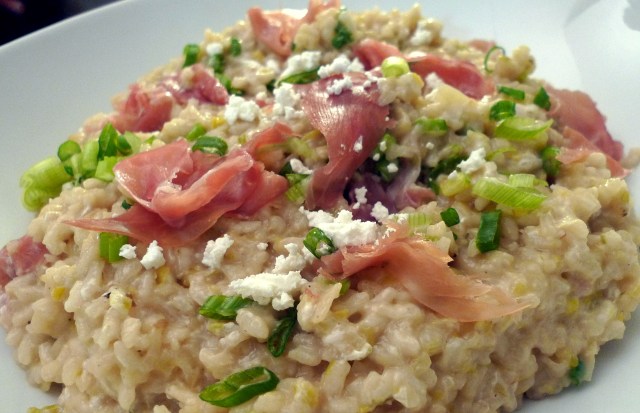 stir in the goat cheese, prosciutto and garnish with scallions