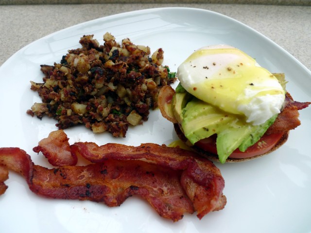 California Eggs Benedict with Corned Beef Hash and Bacon