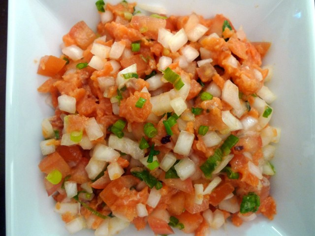 mix together the diced tomatoes, salmon, onions