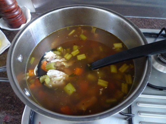 simmering the stock, vegetables, and chicken