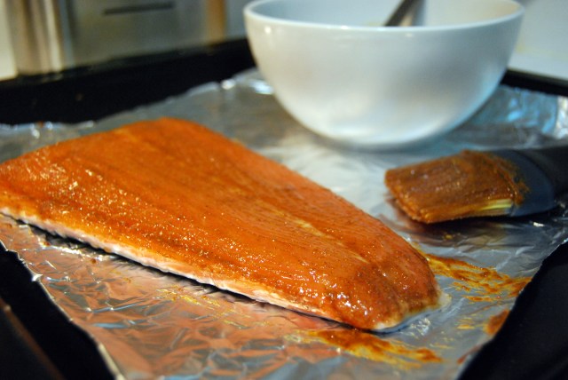 marinate the salmon with paprika, cumin, coriander
