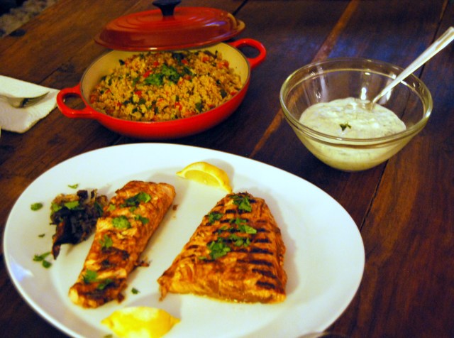 Moroccan Salmon with Tzatziki and Vegetable Couscous