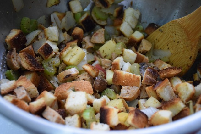 stir the bread cubes, veggies, meat, fruit, nuts