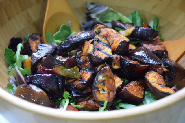 serve the warm aubergines over the salad