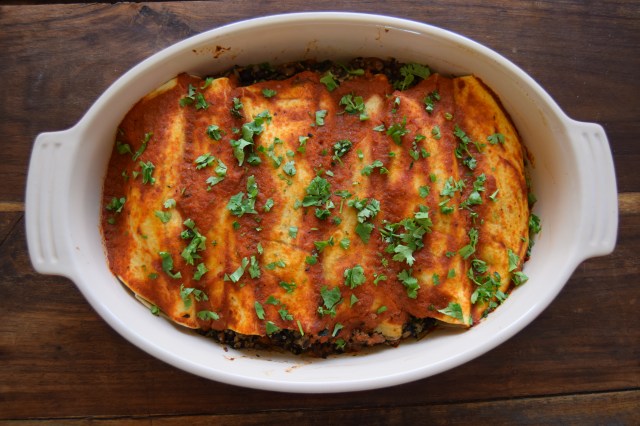 veggie mushroom, kale, black bean enchilada
