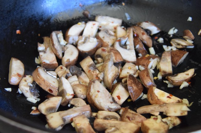 sauté the mushrooms with garlic, red pepper flakes, salt and pepper